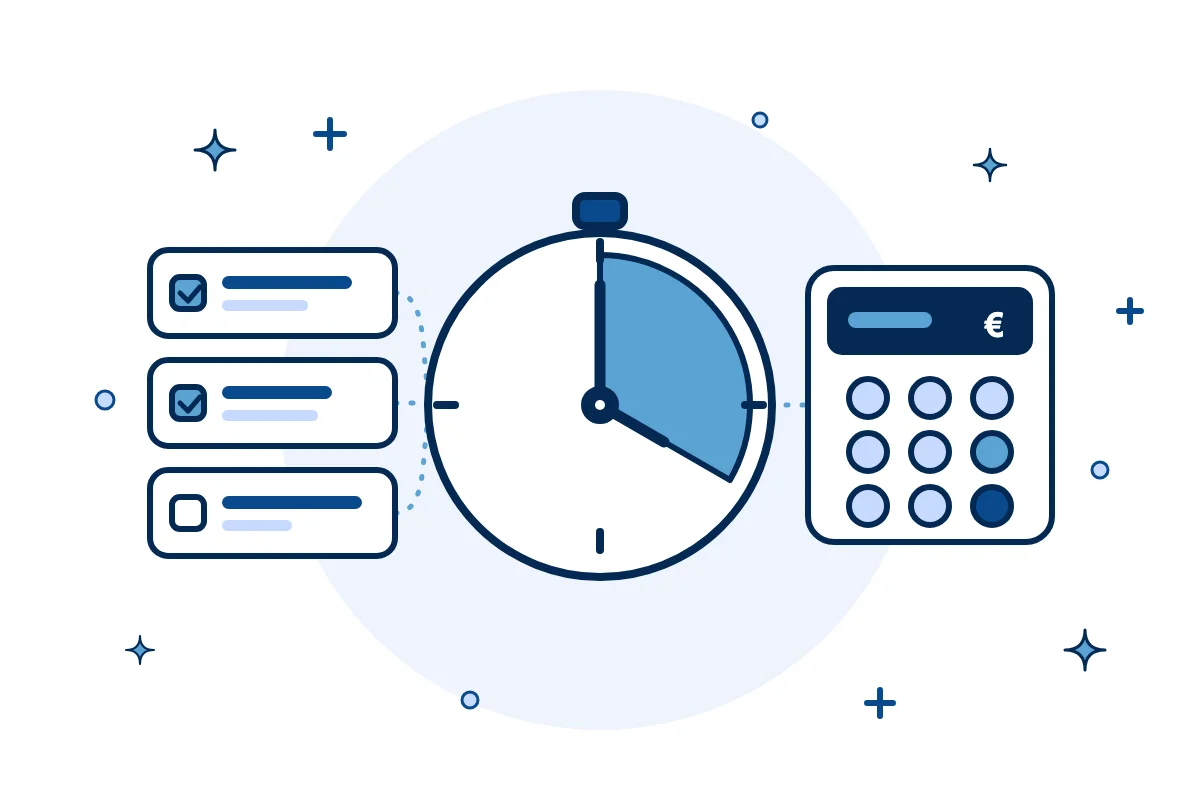 A clock with a highlighted slice of time, a stack of task cards and a calculator, joined by dotted lines