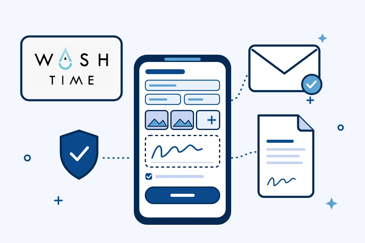 The Washtime logo beside a phone showing a record form with photos and a signature, an email copy and a PDF
